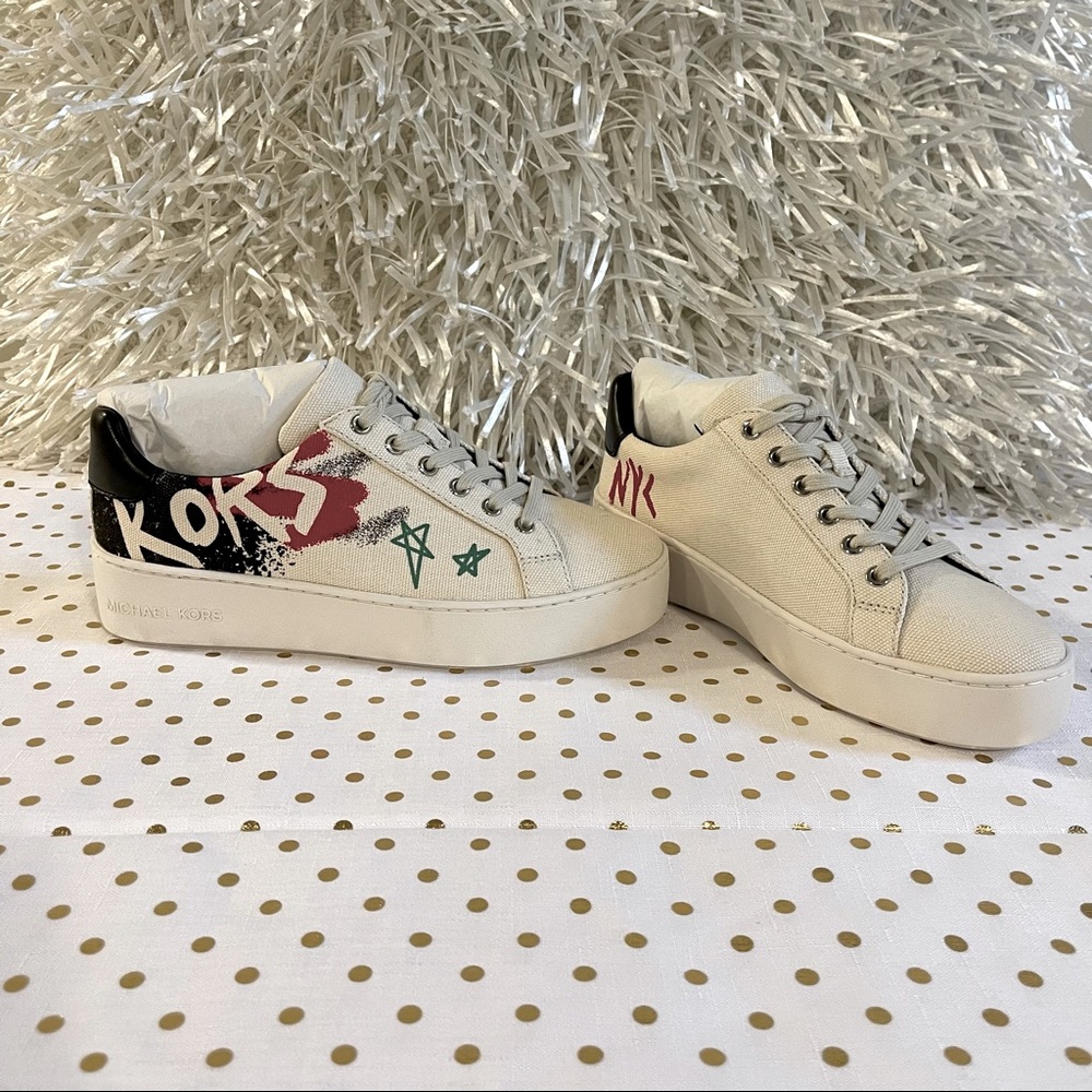 Michael Kors Poppy Lace Up Heavy Canvas Cream Women's Sneakers